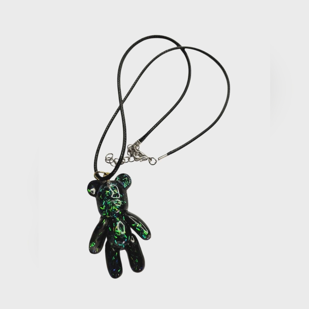 Glittering Black and Green Bear Pendant Necklace